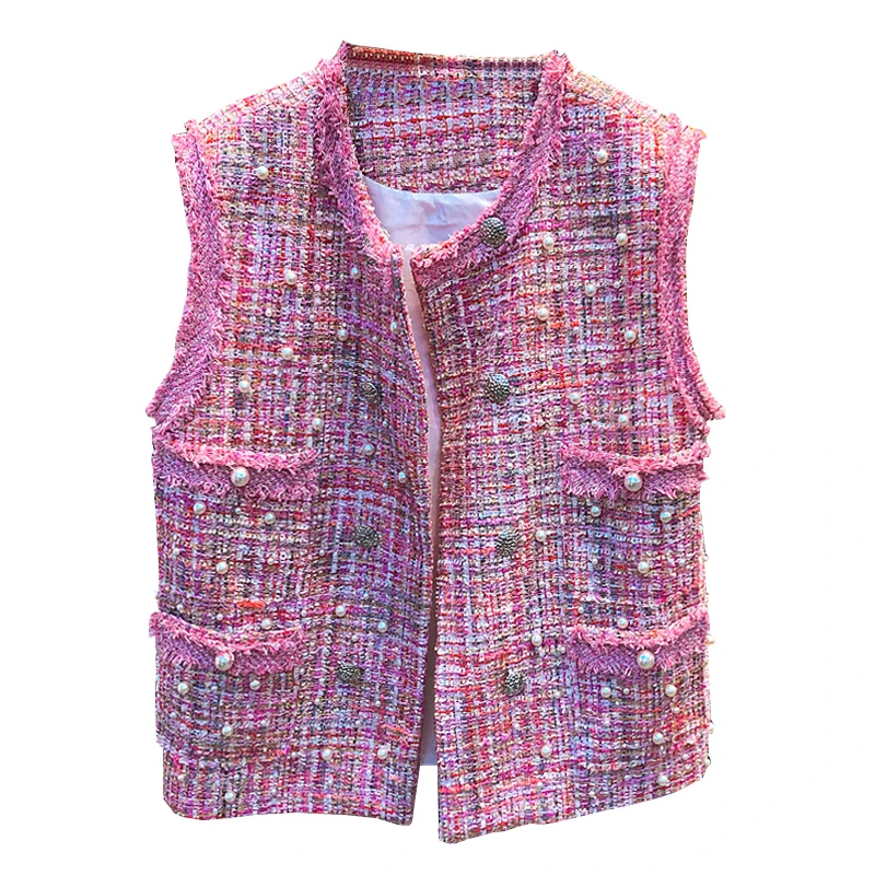Возможно U женский твидовый розовый черный жилет без рукавов с круглым вырезом