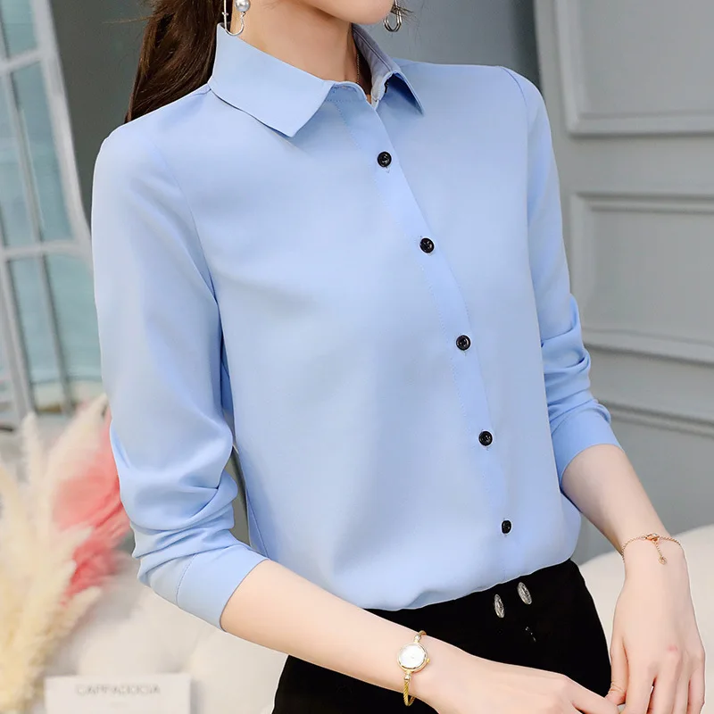 

Summer Womens Tops and Blouses Turn Down Collar Elegant Office Ladies Chiffon Shirts Plus Size Casual Femme Long Sleeve Blouse