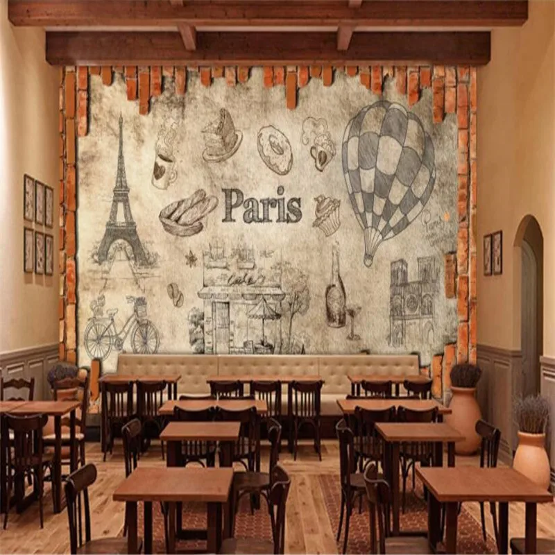 Ретро ручной рисунок Париж воздушный шар кофейный дом кирпичная стена бумага
