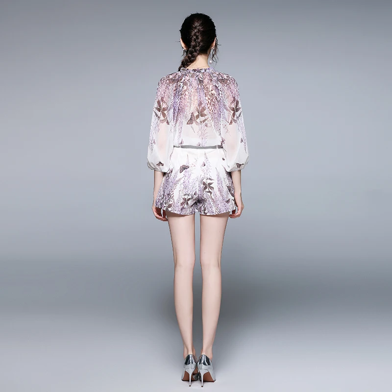 

2021 Spring Summer Chiffon 2Pcs Clothing Set Single Breasted Lantern Sleeve Slim Blouse Shirt + High Waist Shorts for Women