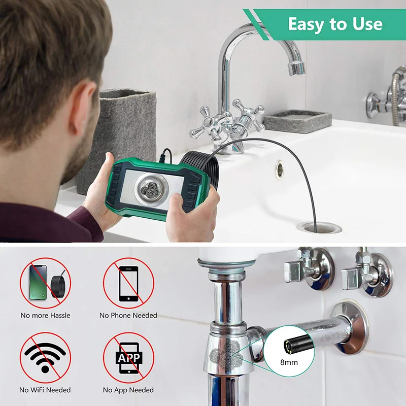 

Single Dual Lens Industrial Endoscope Camera 1080P 4.5" IPS Snake Video Inspection Camera with 8 LED Detachable Semi-Rigid Cable