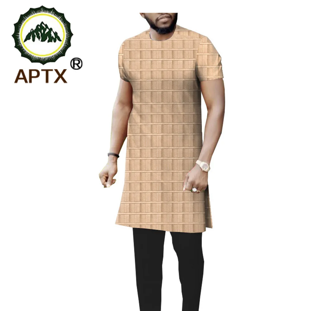 APTX Muslim Shirt for men tailor made jacquard fabric men s short sleeves side slit long shirt T1912001
