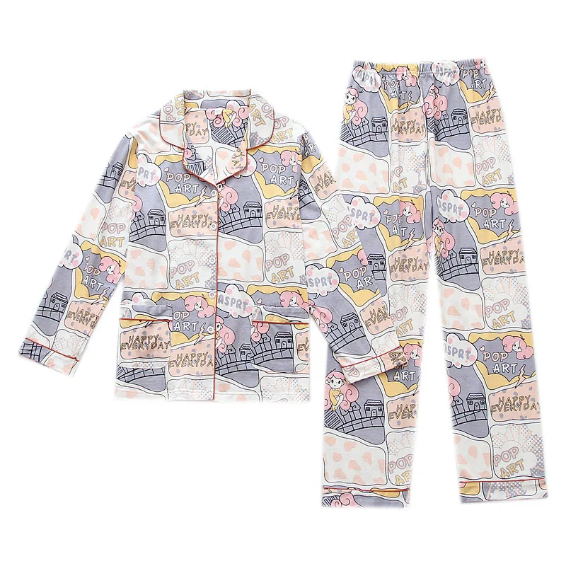 Autumn Spring 2022 Pajamas Women Pajama 100% Cotton Cartoon Female Cute Night Suit Long Sleeve Sleepwear Pant Pyjamas Sets