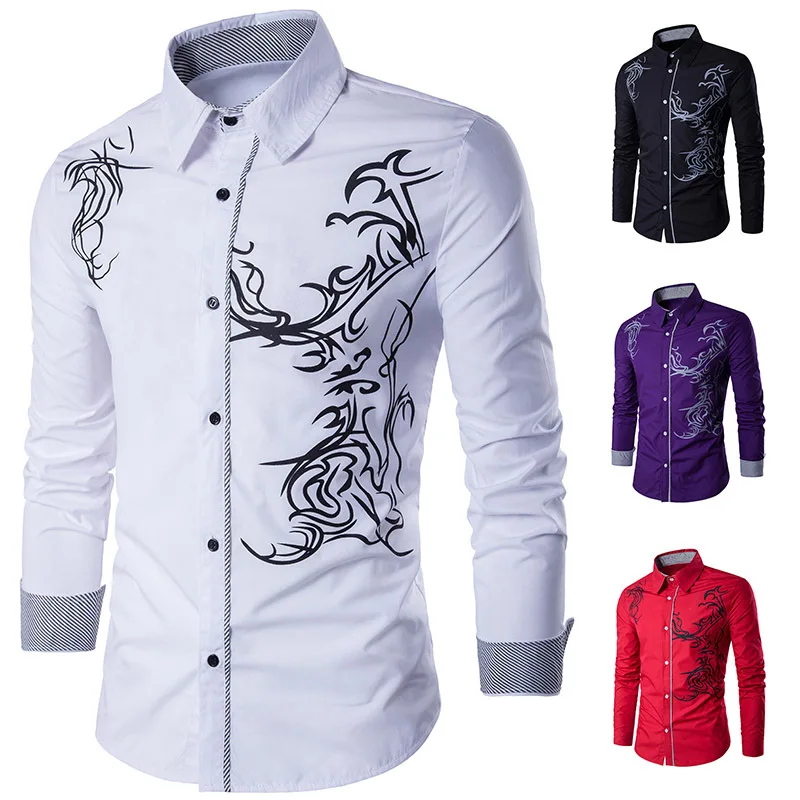 

New Men's Shirts Men's Long-sleeved Dragon Print Long-sleeved Slim-fitting Shirts 4 colors Optional Outdoor Casual Shirts M-XXXL