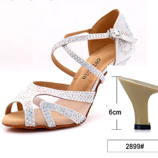 heel 6cm WUXIJIAO/Серебристые атласные латинские женские туфли для танцев; вечерние туфли со стразами для бальных танцев; женская обувь 9 см - Цвет: heel 6cm