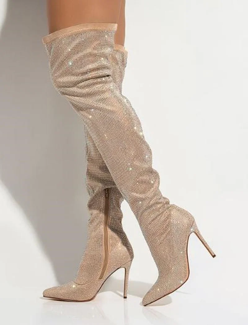 

Hot Selling Bling Bling Crystal Tight High Boots Pointed Toe Zipper Wide Tall Boots High Heels Rhinestone Stretch Over The Knee