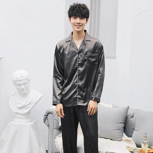 Sexy satin couple pajamas set Silk Pajamas For Women and men Lovers long sleeved autumn Pyjamas Sleepwear Sets Pijama Mujer - Цвет: 8106kafei