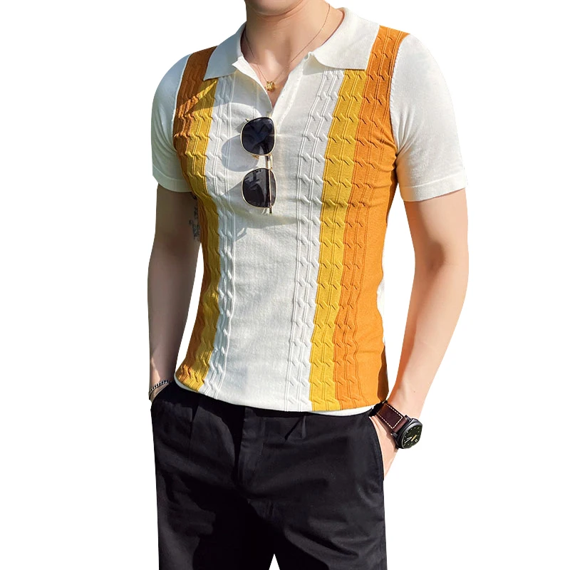 

British Style Summer Short Sleeve Knitted Polo Shirts Men Clothing 2021 Fashion Patchwork Color Slim Fit Casual Tee Shirt Homme