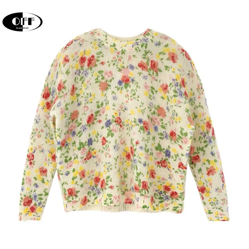 Женский пуловер свободного покроя с длинным рукавом и цветочным принтом - купить
