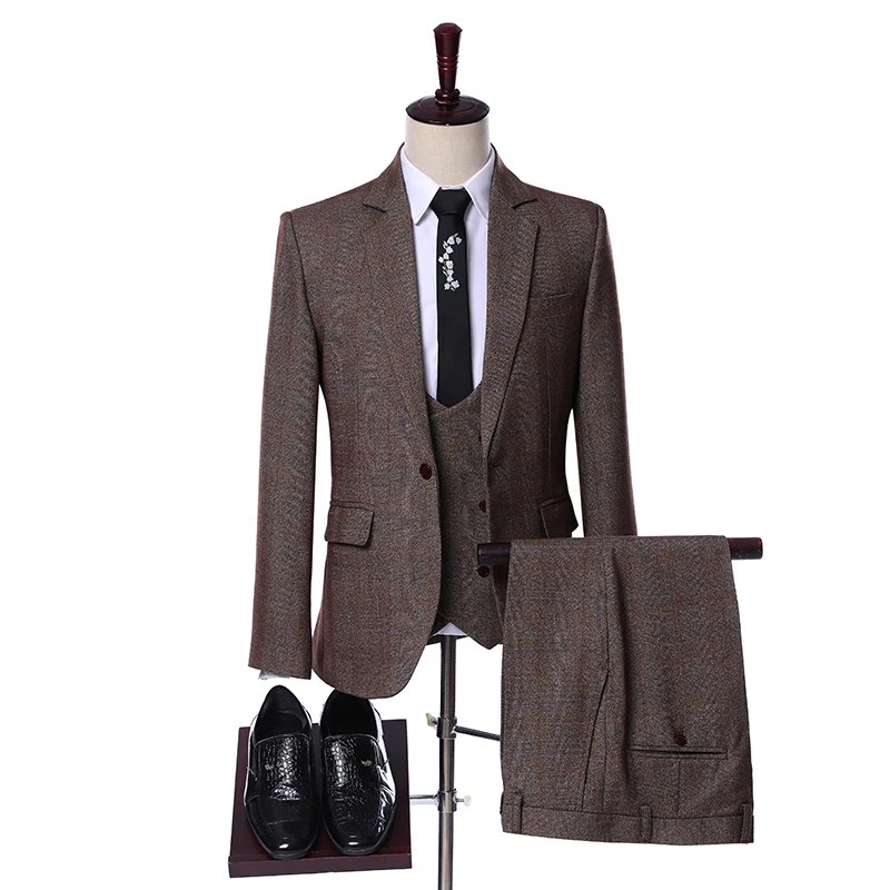 

Elegant Designs 2019 Casual Business Brown Plaid 3 Pieces Formal Dress Mens Suits Set Men Wedding Suit For Men Groom Tuxedos