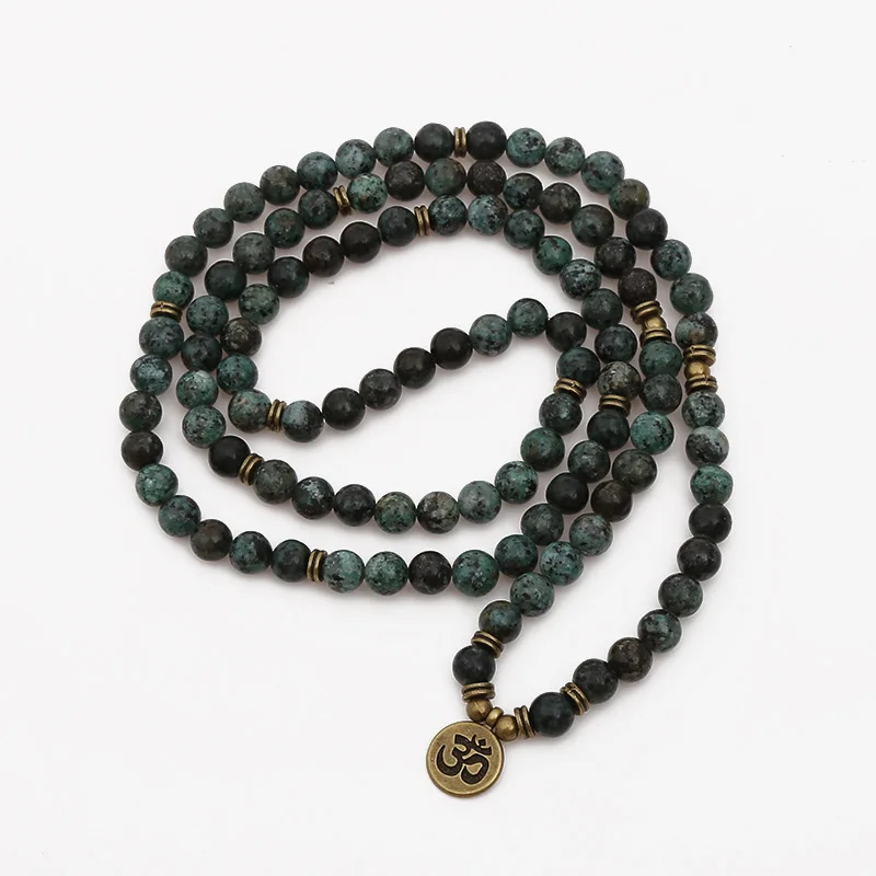 

Natural T-urquoise Wraps Bracelet Unisex Green Stone 108 Prayer Bead Yoga Buddha Wrist African T-urquoise OM Lotus bracelet