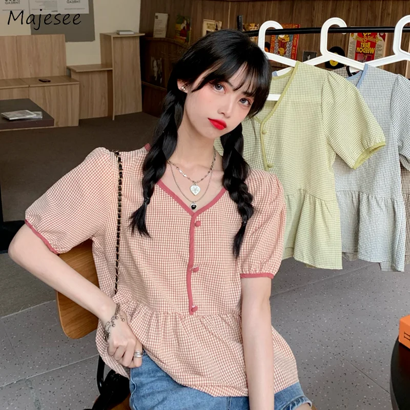 

Blouse Women 4-colors Plaid Lovely Loose Puff Sleeve Female Tops Retro Students Sweet Ruffles V-neck Summer Teens Korean Style