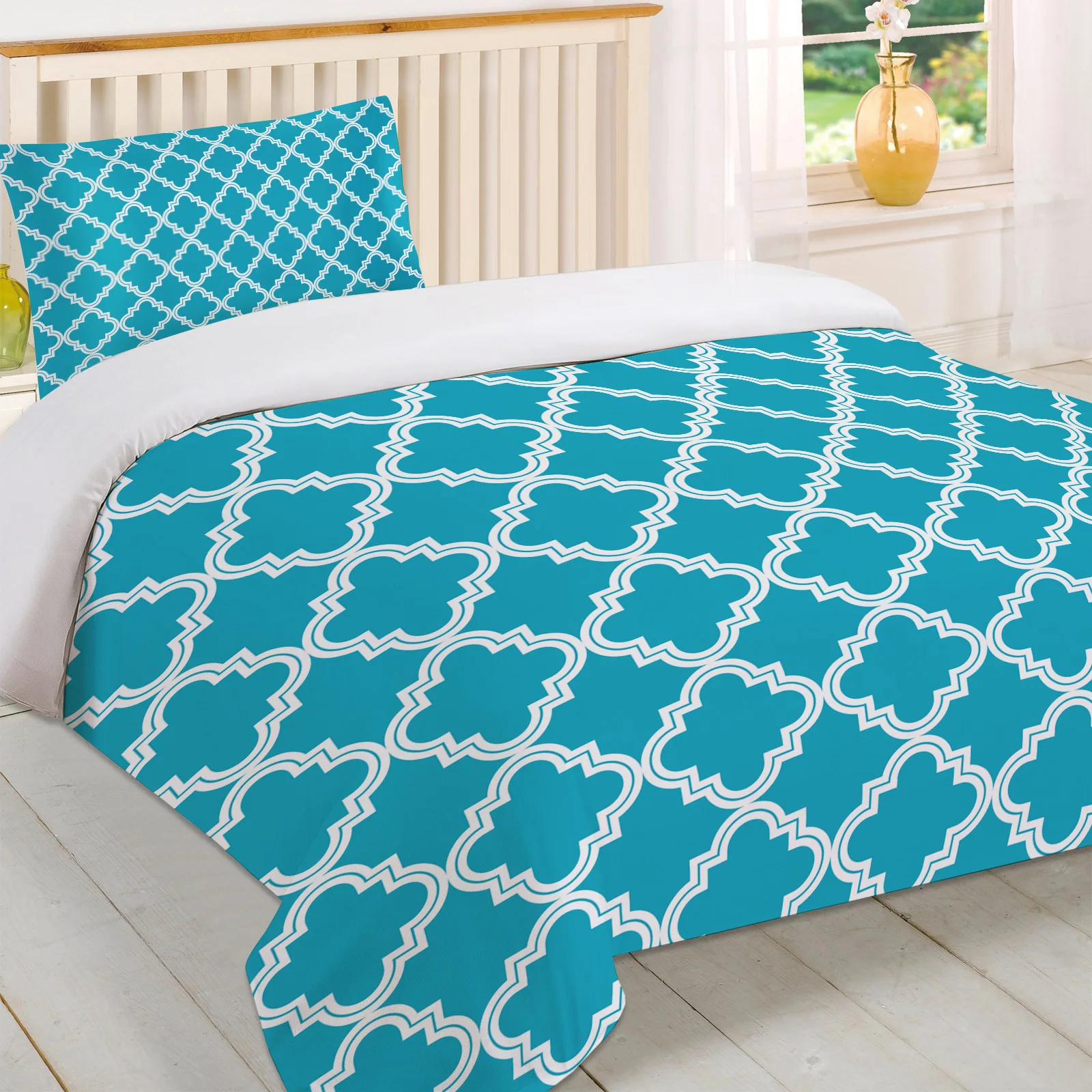 Blue Moroccan Geometric Checks Duvet Cover Pillow Case Quilt Set Bedclothes Single Bedding Sets For Bed | Дом и сад