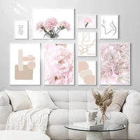 pink sakura magnolia vase line geometry wall art canvas painting nordic posters and prints wall pictures for living room decor