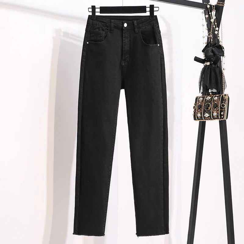 Black Jeans Women's Plus Size Spring and Autumn Elastic High-waist Trousers All-match Fashionable Loose Straight-leg Pants