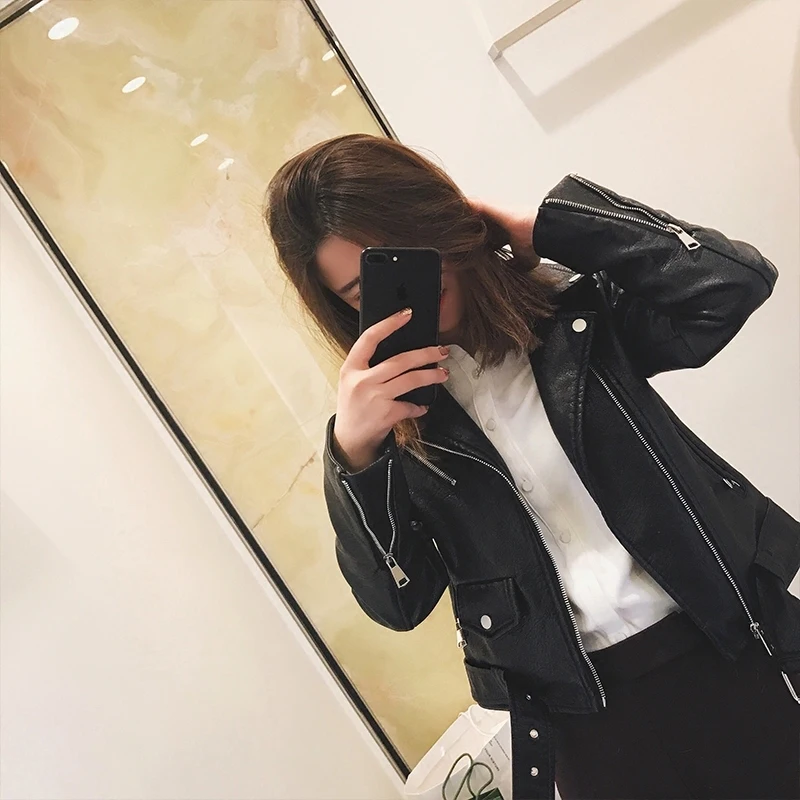 2020 Женская куртка из искусственной кожи модная яркая черная мотоциклетная