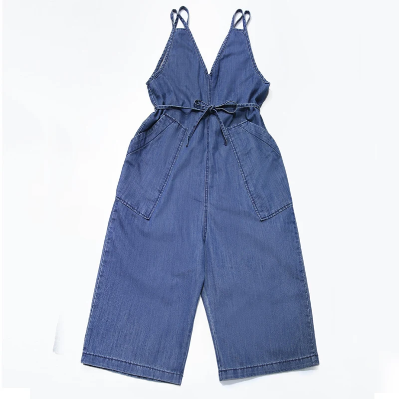 Large Size Rompers Women Overalls High Waist Lace Up Jumpsuit Women Denim Rompers Autumn Loose Wide Leg Suspenders Jumpsuits