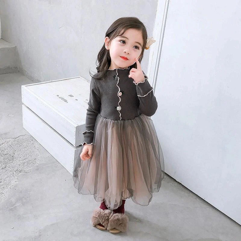 Платье для девочек с имитацией двух вставок сетчатые зимние платья розовые серые