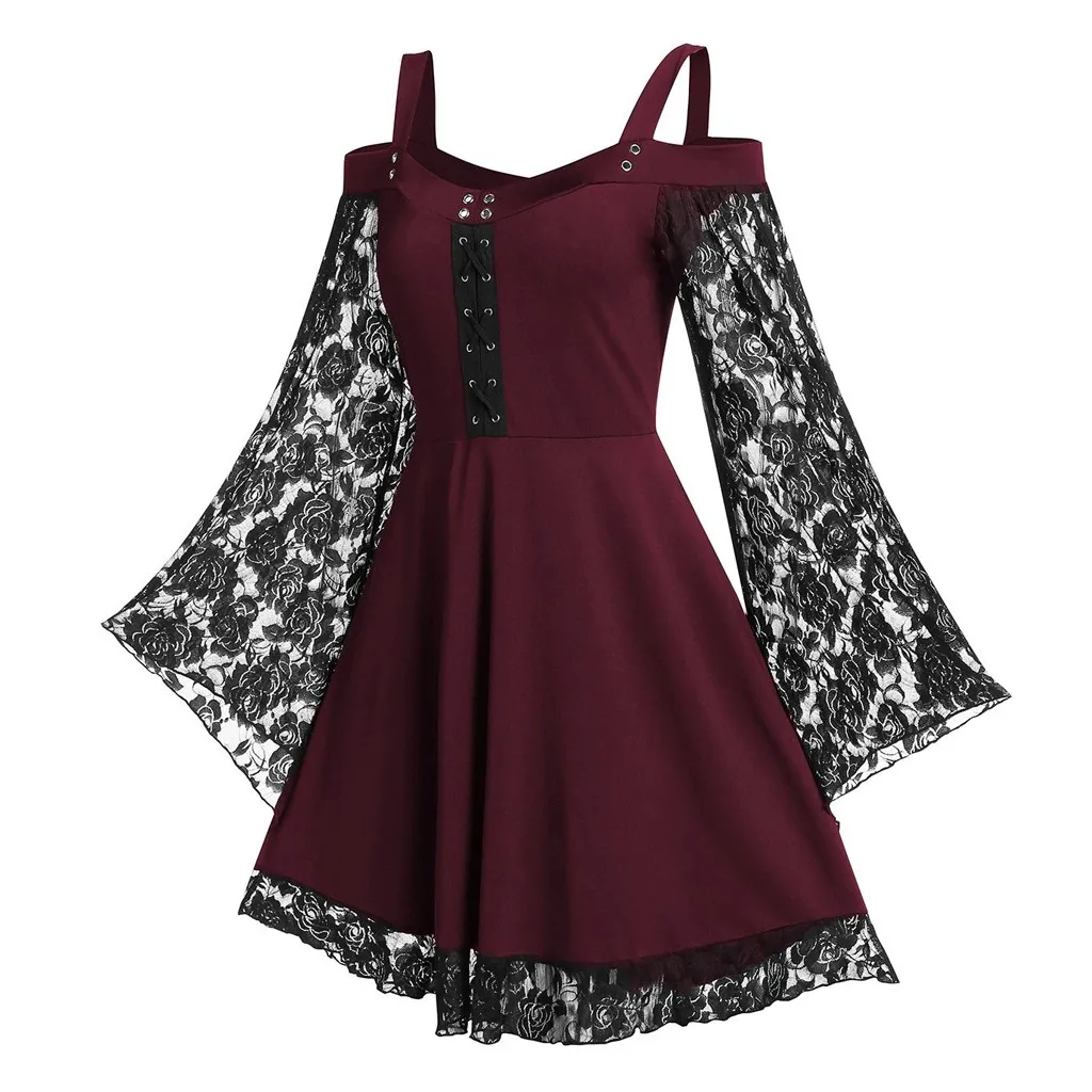 

New Women Flare Sleeve Cross Corn Cold Shoulder Lace Up Insert Sling Dress Comfy Fashion High Quality Dresses Fast Free Shipping