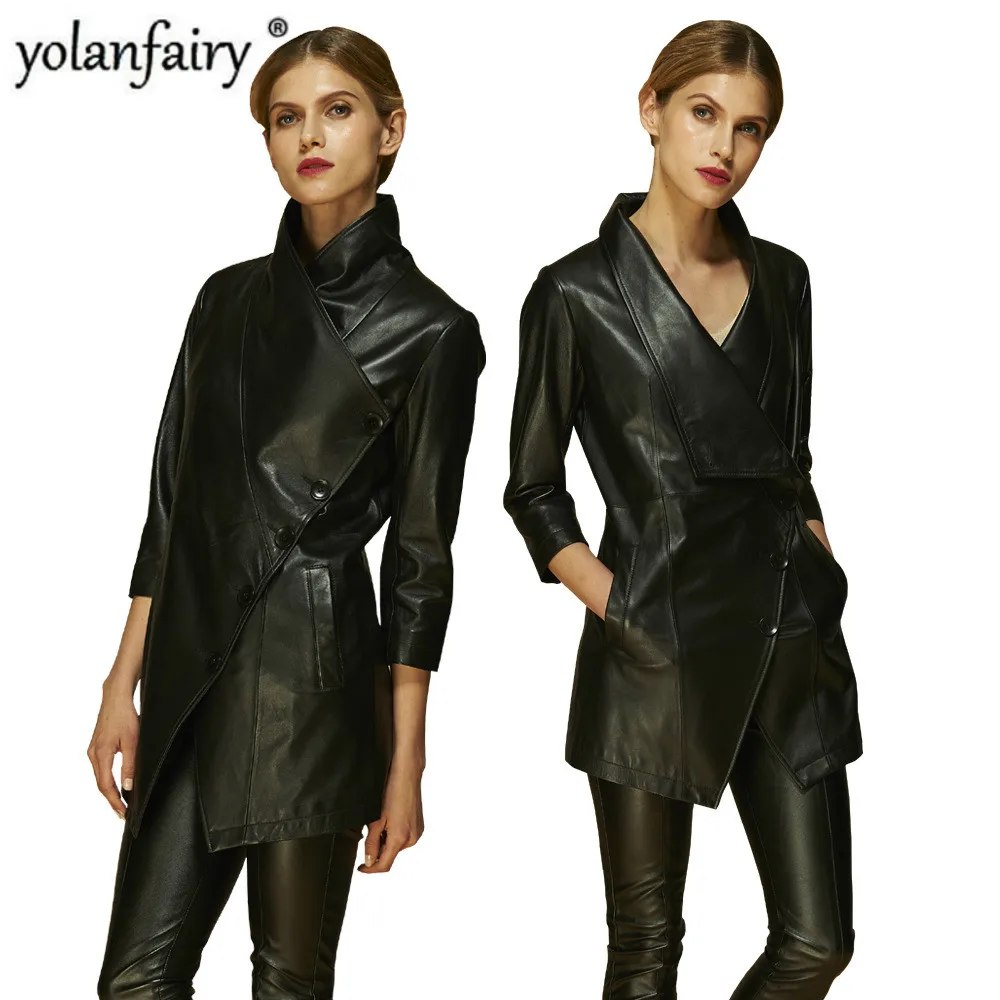 Женская куртка из натуральной кожи Тренч 100% овечьей весна осень три четверти