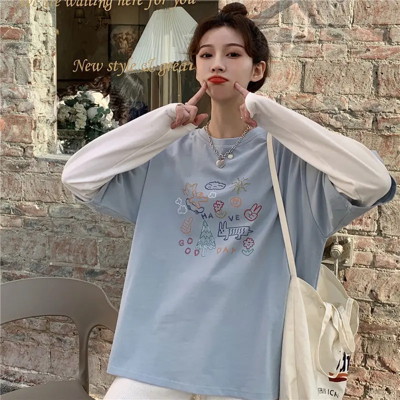 

Japanese Stitching Fake Two-piece Long-sleeved T-shirt Women 2021 Spring Loose Korean Round Neck Top Summer Woman Tshirts