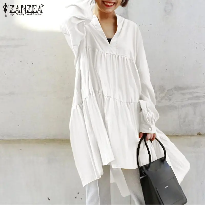 

Women V Neck Long Sleeve Blouse 2021 ZANZEA Spring Ruffles Long Tops Female Solid Loose Chemise Casual Pleated Blusas