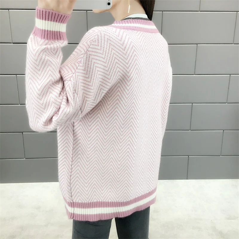 

2019 New Autumn Women Fashion Casual Sweaters Coat Women Single-breasted Long Sleeves Striped Knitted Cardigans Coat cc861