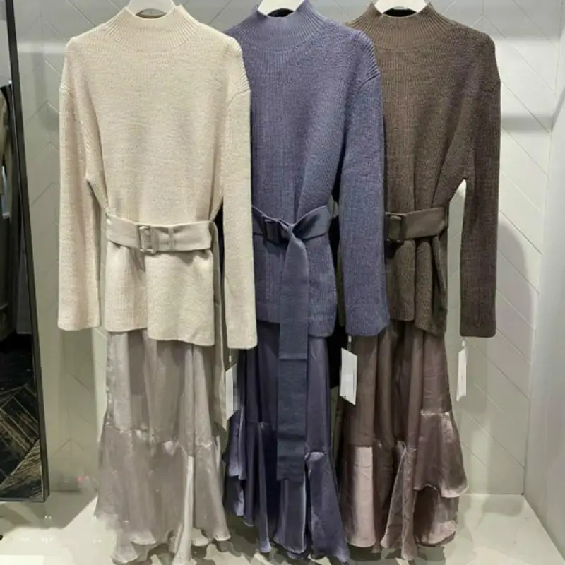 Женский однотонный костюм из 2 предметов свитер с высоким воротником на завязках