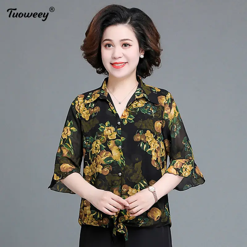 

Женский офисный топ с винтажным цветочным принтом, элегантная рубашка размера плюс для мамы, шифоновая блузка с круглым вырезом, осенне-вес...