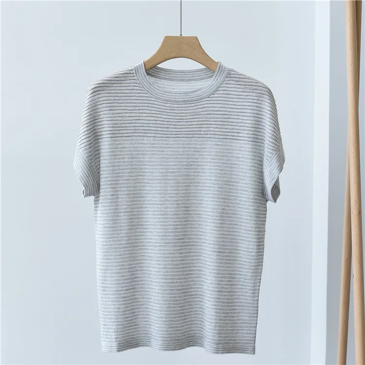 

Striped High-end Heavy Craft Knitting Silk and Linen Knitting Thin Round Neck Short Sleeve Women Summer New Style