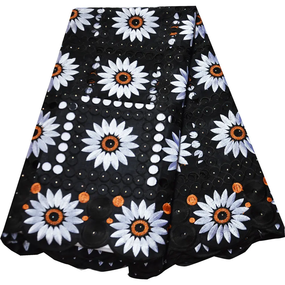 

Black Swiss Voile Lace In Switzerland High Quality Embroidery African Lace Fabric Puch Holes Cotton For Wedding dress SW-769