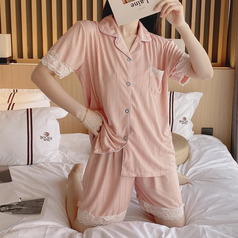 CAIYIER Cotton Pajamas Suit Summer Short Sleeve Sexy Lace Contracted Women Sleepwear Turn-down Collar Pure Cardigan Nightwear