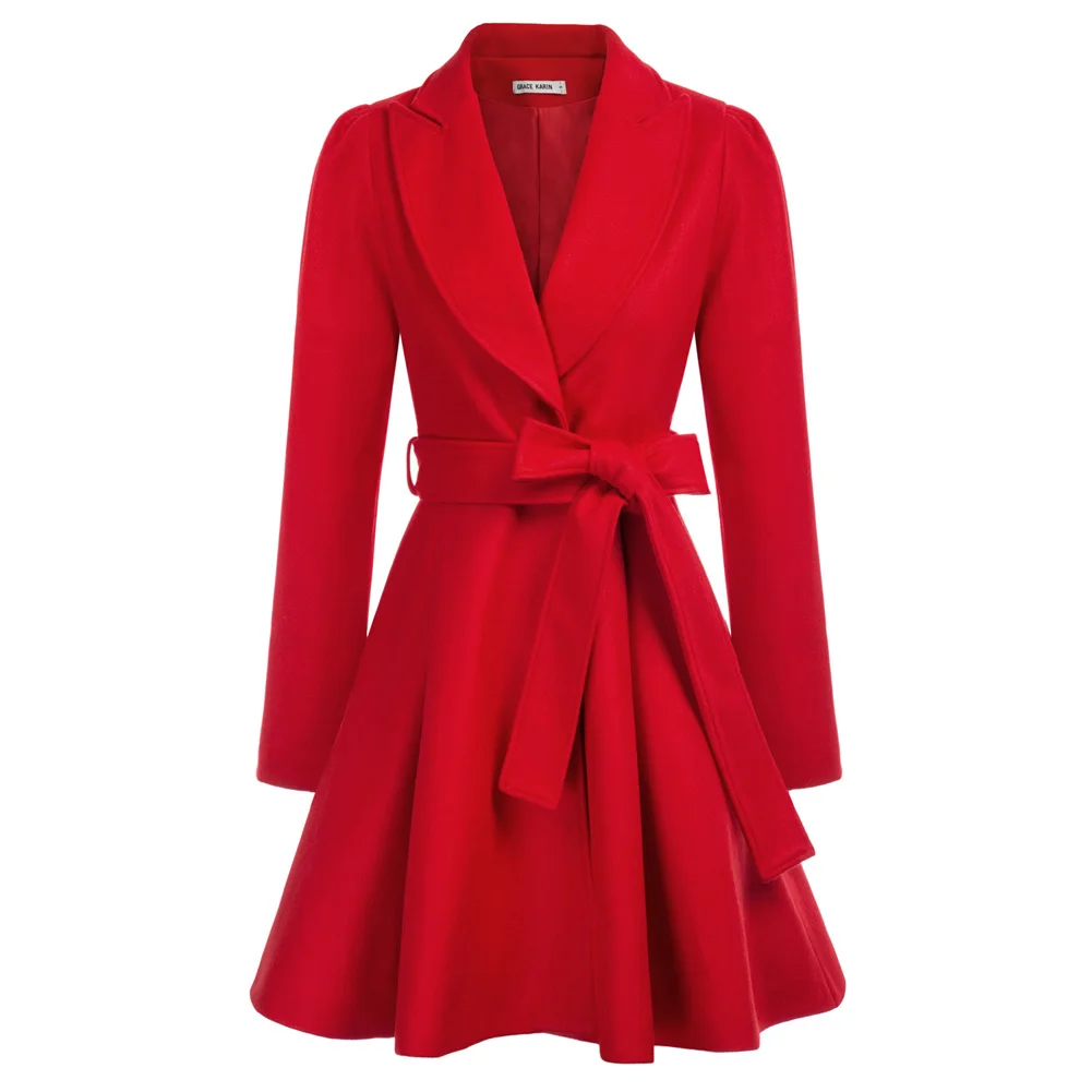 

GK Women Wool Blends Coat Puffed Sleeves Lapel Collar Outerwear With Belt With Belt-fitted Sleeve Lapel Dragon Phoen