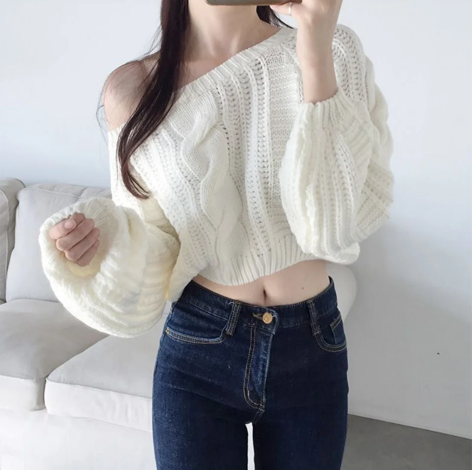 Neploe Pull Femme свободная короткая перекрестная вязка Топы Женские однотонные цветной фонарь свитер с длинными рукавами женские корейские модные новые уличные