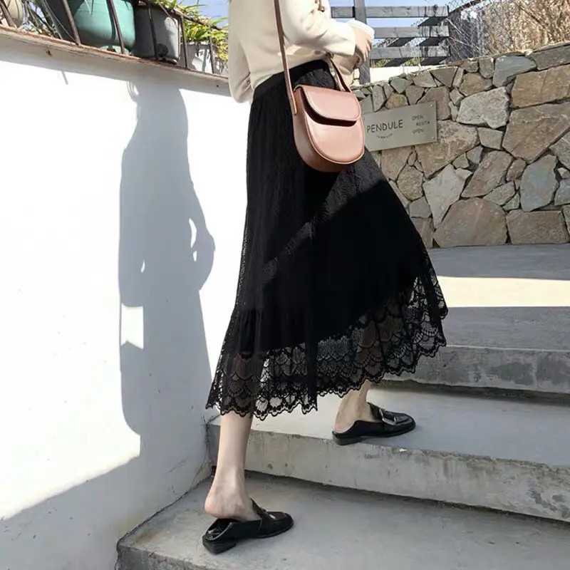 

2020 New Summer Women Mid-Calf Temperament Lace High Waist A-Line Skirt Female Korean Style Big Wings Skirt Falda Mujer Saia Z33