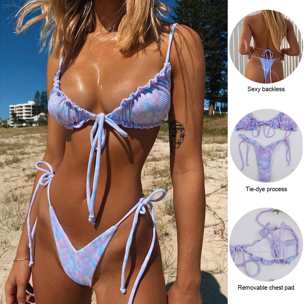 

Сексуальное бикини Tie-dye, женский купальник со шнуровкой и открытой спиной, высококачественный тканевый дышащий Быстросохнущий купальник, к...