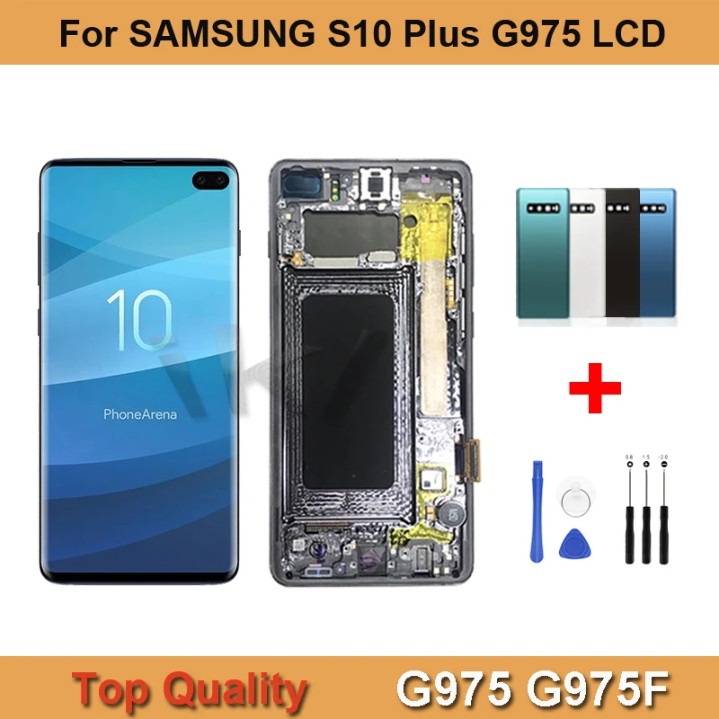 Pantalla LCD AMOLED para Samsung Galaxy S10 Plus G975 G975F, montaje de digitalizador con bater&iacute;a de vidrio, cubierta trasera-0