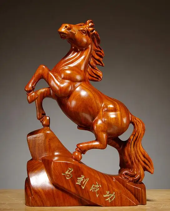 

Collection Chinese Rosewood Carving Handmade Ornament Zodiac Animal Statue Horse Success Decoration Gift