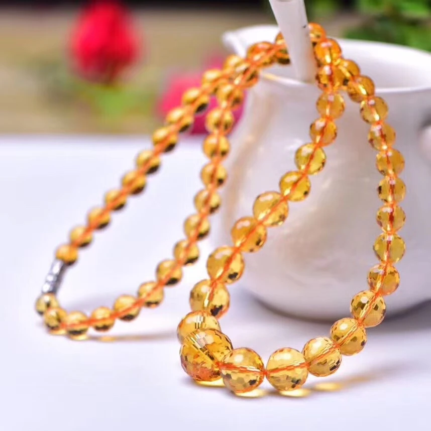 Natural Yellow Citrine Quartz Clear Faceted Round Beads Pendant Necklace 6-10mm Women Citrine Wealthy Stone Necklace AAAAA