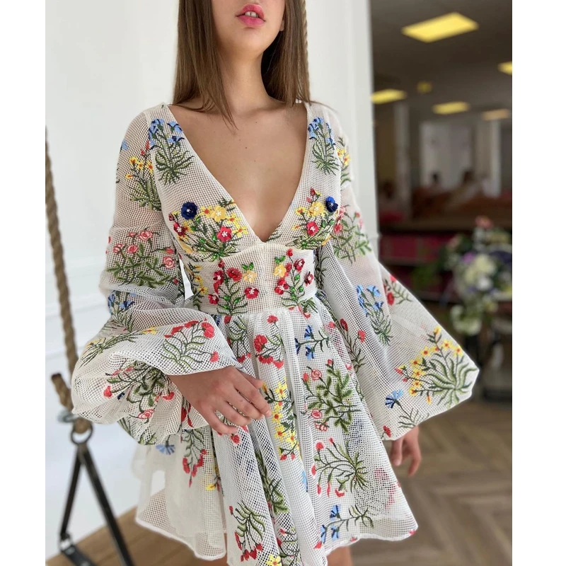 

Sexy Dress Women Mesh Embroidered Lantern Sleeves Deep V Neck Summer Fashion Womens Mini Dress Lugentolo