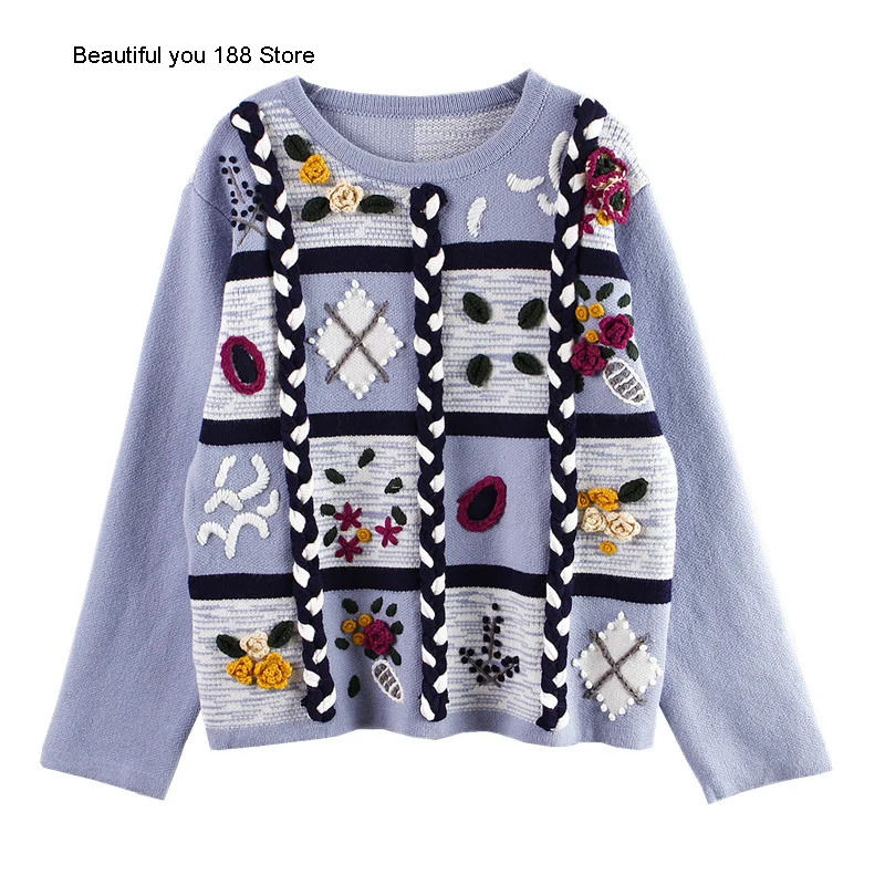 

New fashion, loose and lazy style, three-dimensional hook flower hand embroidered pullover, ancient sweater, women's T-shirt