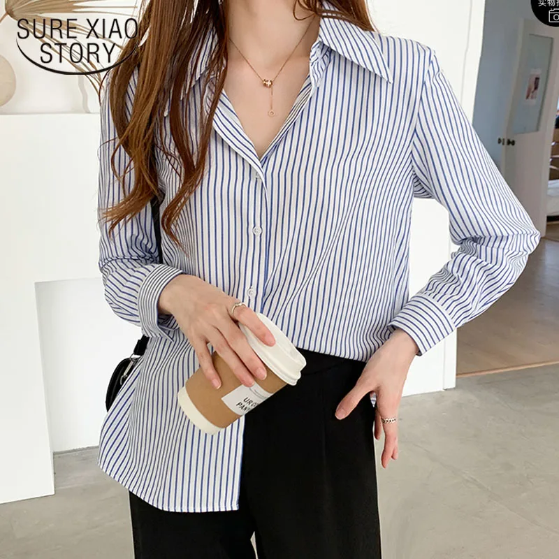 

Autumn New 2020 Loose Chiffon Blouse Women Fashion Striped V-neck Long Sleeve Wild Professional Women's Shirts Feminine 11251