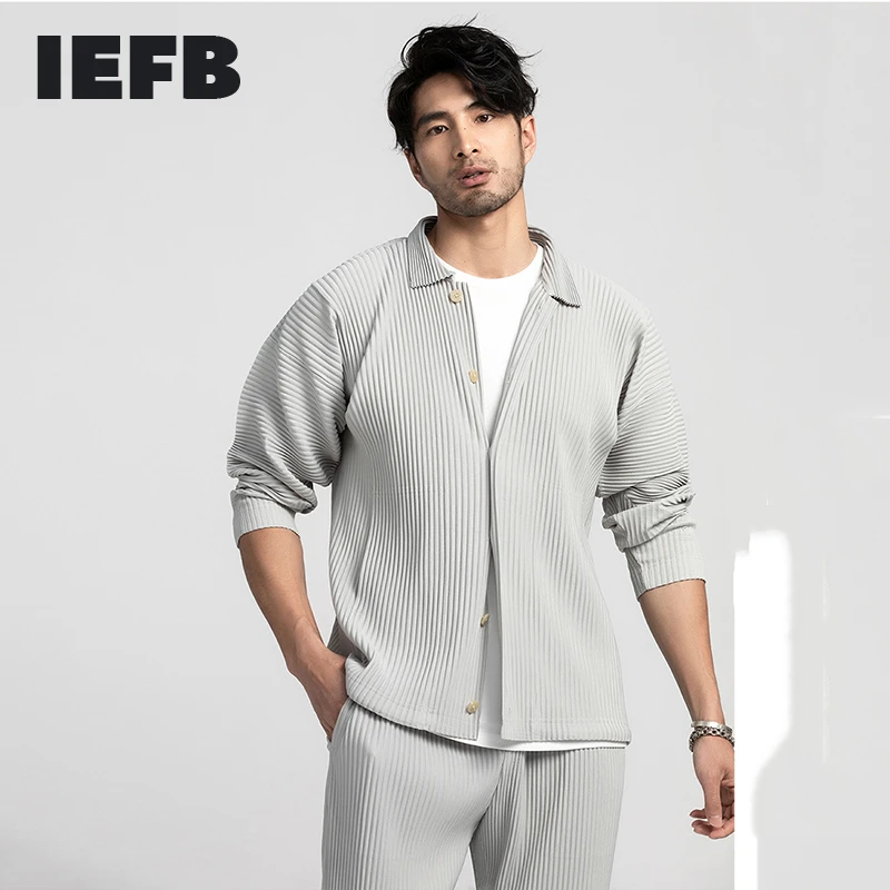 IEFB Men's Wear High Quality Japanese Stretch Fabric Oversize Long Sleeve Pleated Shirt Sunscreen Clothes For Male New 9Y3055