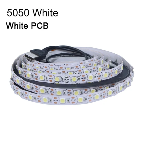 White PCB White Светодиодная лента с питанием от USB, 5 В, Светодиодная лента USB 5050, 50 см, 1 м, 2 м, 3 м, 4 м, 5 м, освещение для ТВ фона, белый, черный, pcb 60 Светодиодный s/M настольная декоративная лампа - Испускаемый цвет: White PCB White
