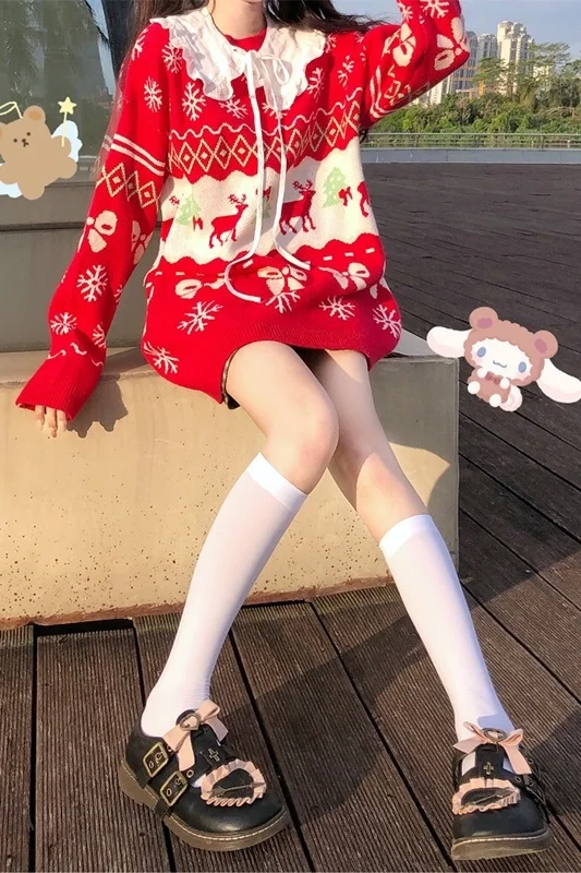 

Japanese Sweater Women's 2020 Autumn Sweet Christmas Red Cartoon Jacquard Long Sleeve Pullover Sweater Top school girl uniform