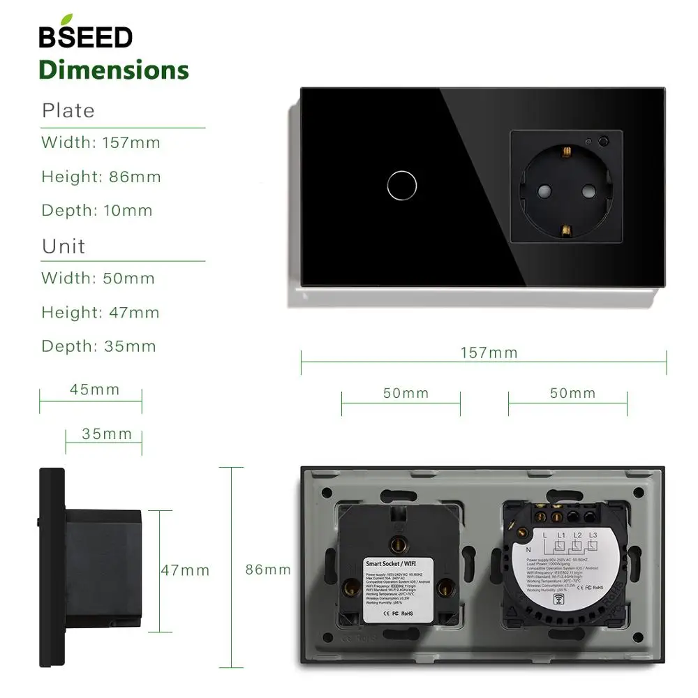 BSEED 16A Wi-Fi сенсорный выключатель 1 комплект ЕС Стандартный ЕС розетка с 3 цвета Кристалл Стекло Панель Умный переключатель