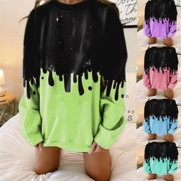 

2020 Spring and Autumn Best-Selling Women's plus Size Long Sleeve Printing Color Contrast Leisure Pullover Sweatshirt