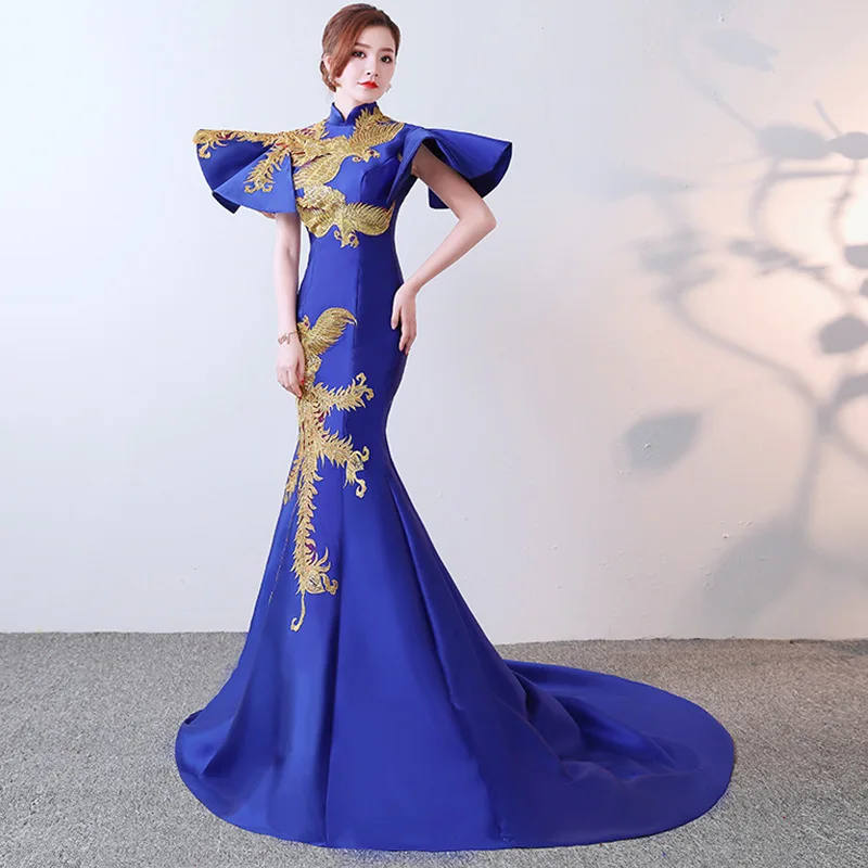 

chinese style dress Blue Evening Gowns With Floor Length Shawl Mermaid Traditional Party Dresses Vintage Embroidery Wedding