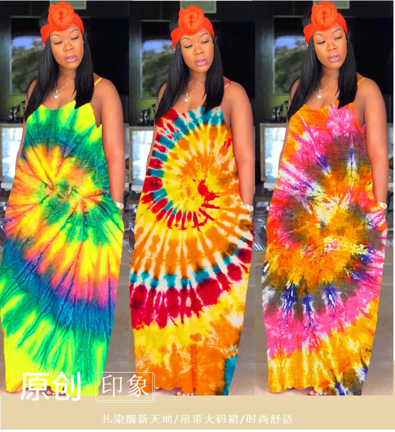 

Casaul Print Tie Dye Women Dress Sleeveless Loose Long Dress Summer Holiday Beach Dress