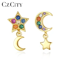 czcity moon and star stud earrings 925 sterling silver multicolor cz stone fine romantic jewelry for women dating party hze 018